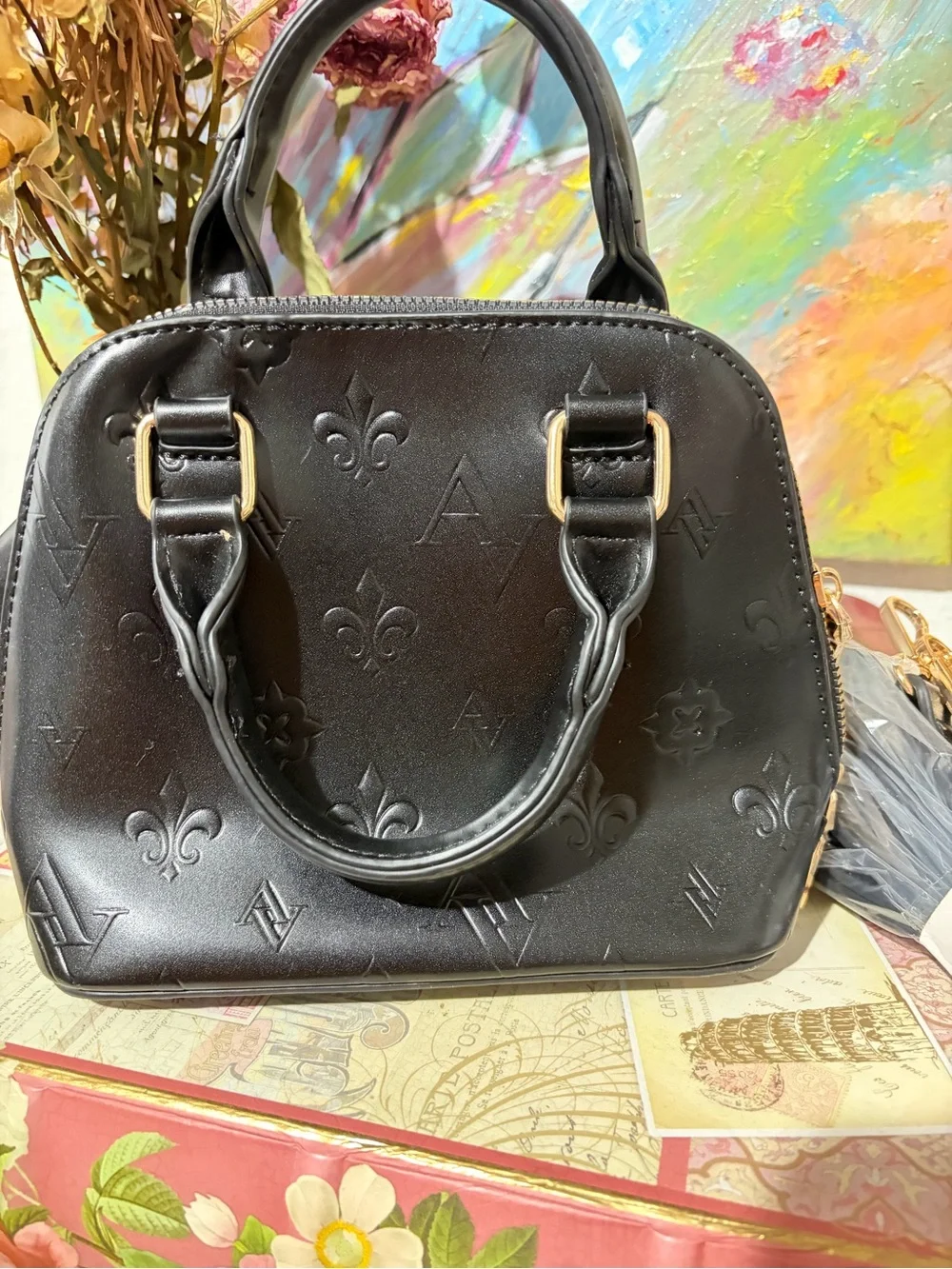 Adrienne Vittadini Black Embossed Faux Leather Dome Satchel